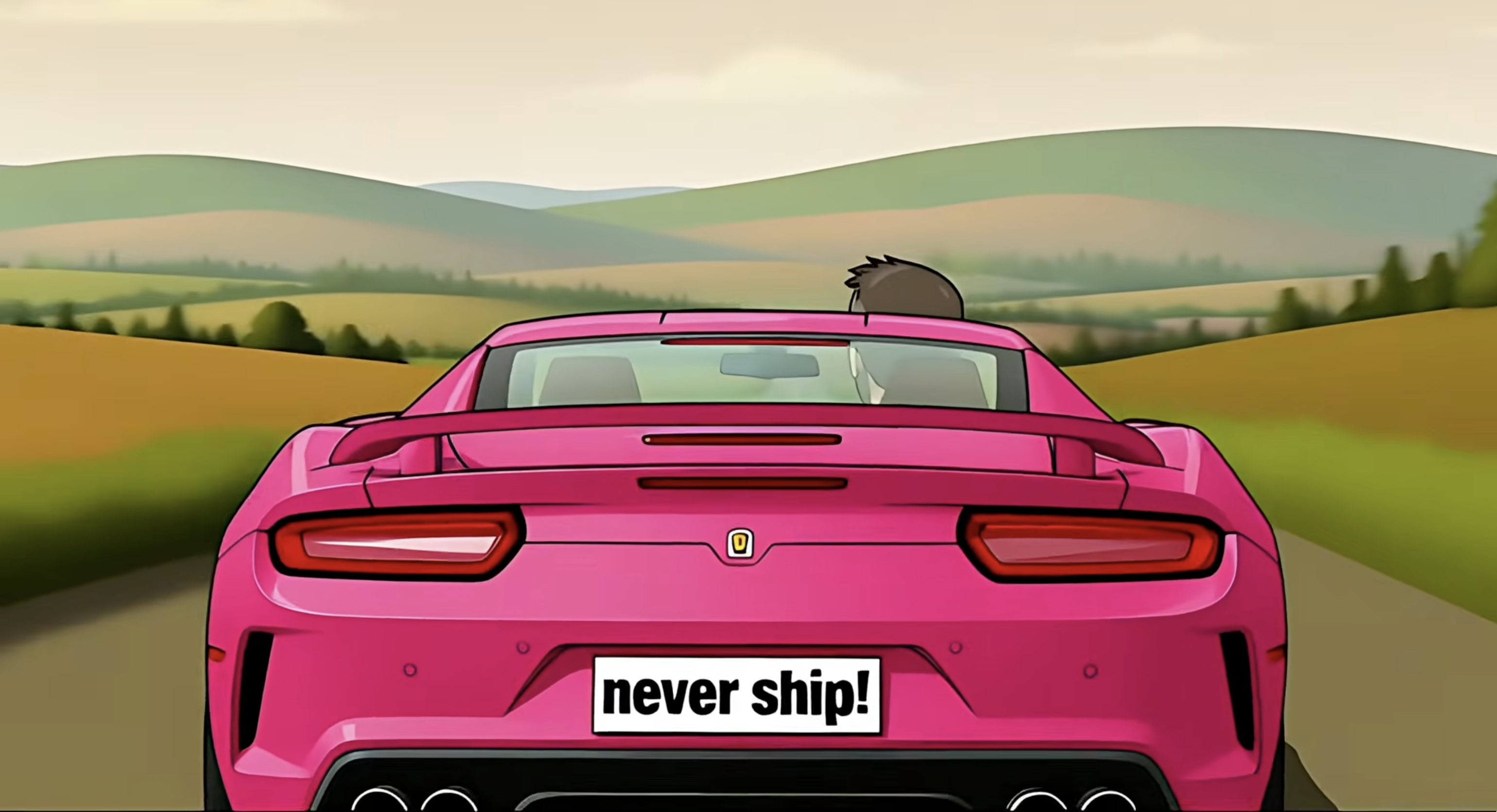 Ian driving a pink sports car