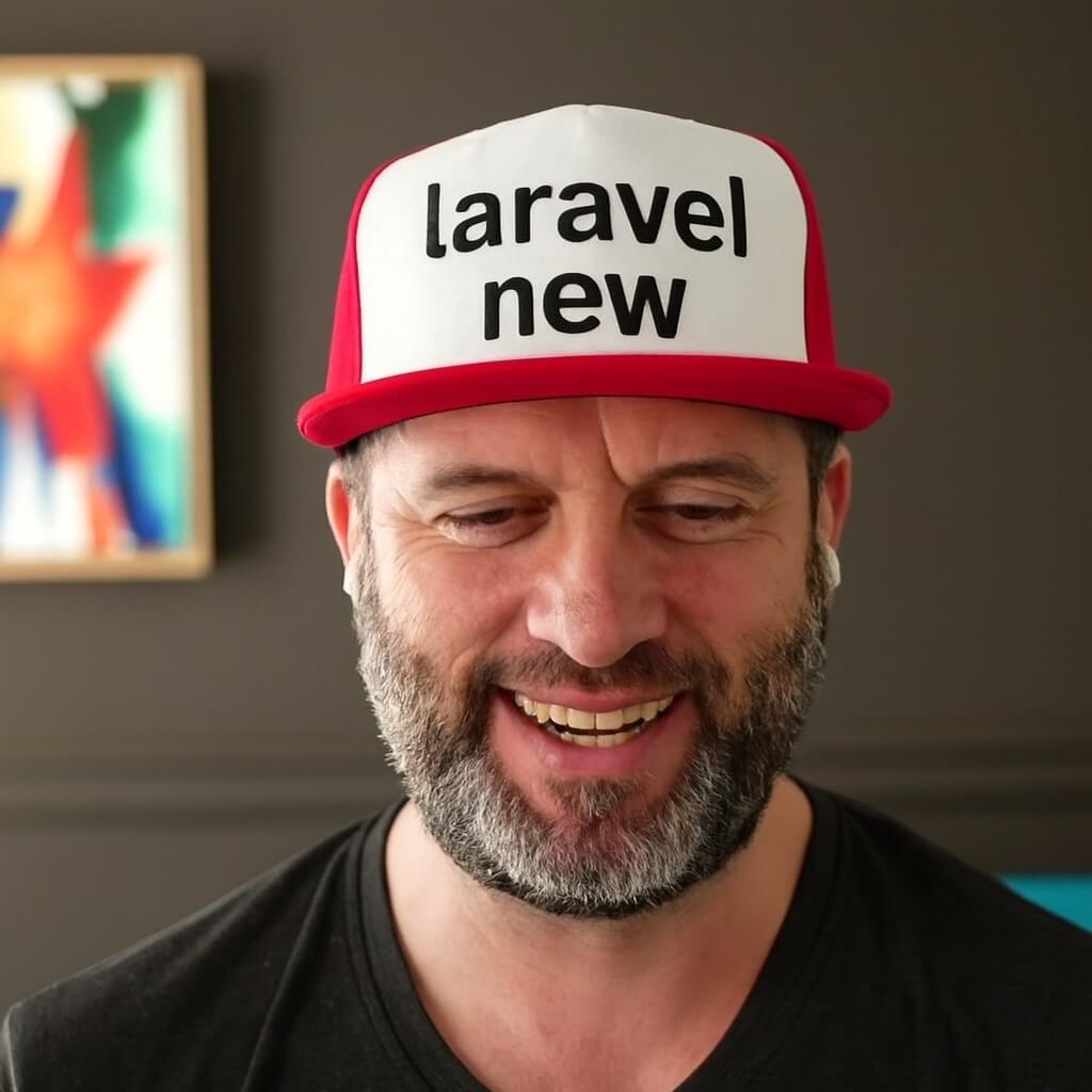 Ian Landsman wearing a hat that says 'laravel new'